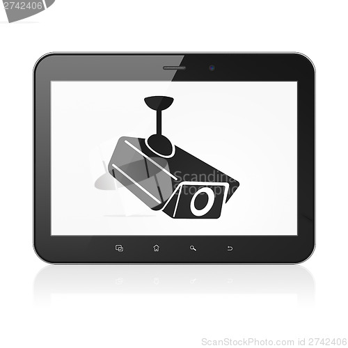 Image of Privacy concept: Cctv Camera on tablet pc computer