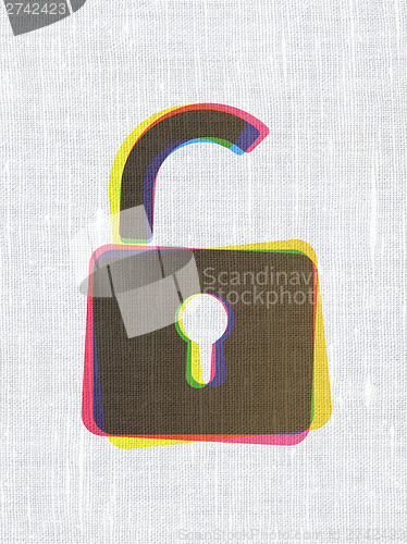 Image of Privacy concept: Opened Padlock on fabric texture background