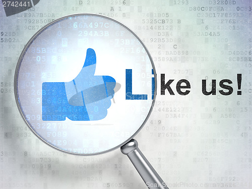 Image of Social media concept: Like and Like us! with optical glass