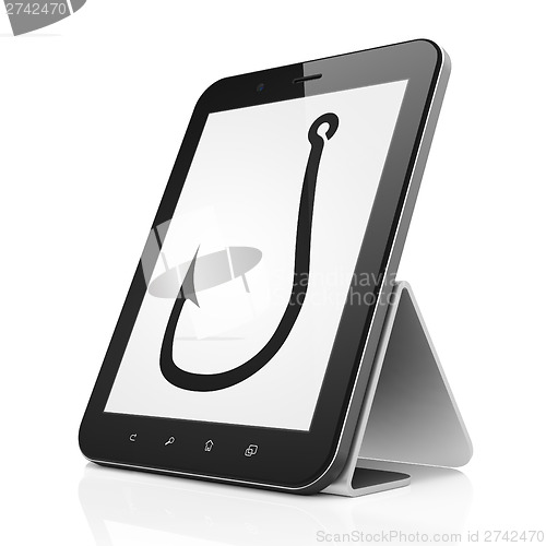 Image of Safety concept: Fishing Hook on tablet pc computer