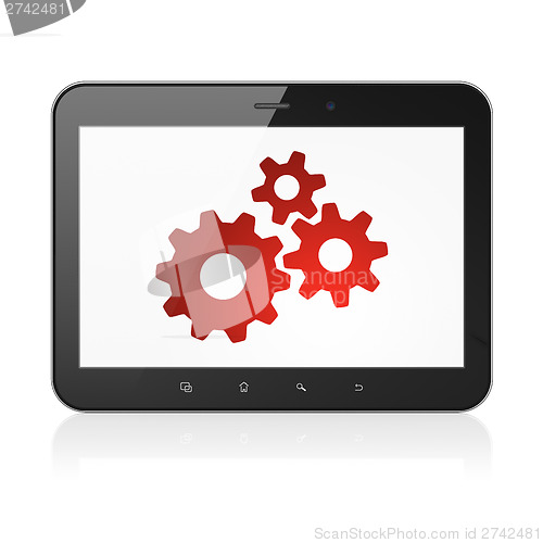 Image of Web design concept: Gears on tablet pc computer