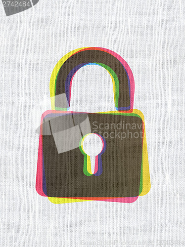 Image of Data concept: Closed Padlock on fabric texture background