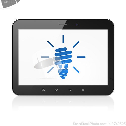 Image of Business concept: Energy Saving Lamp on tablet pc computer