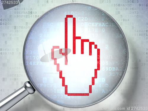 Image of Web design concept:  Mouse Cursor with optical glass on digital