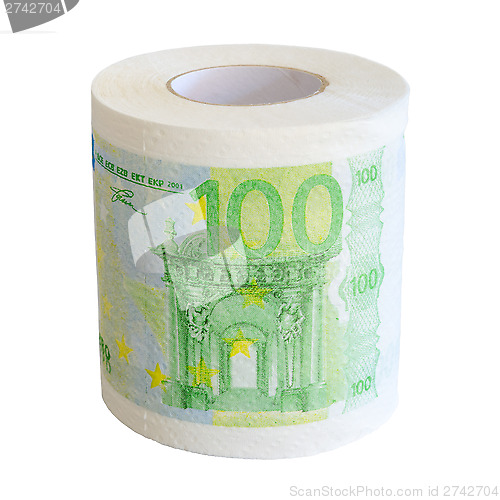 Image of 100 Euro banknotes toilet paper roll isolated