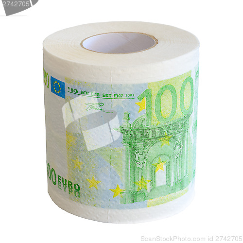 Image of Toilet paper roll of 100 Euro bank notesl isolate