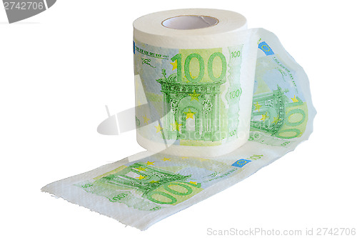 Image of Banknotes 100 Euro printed on the toilet paper roll