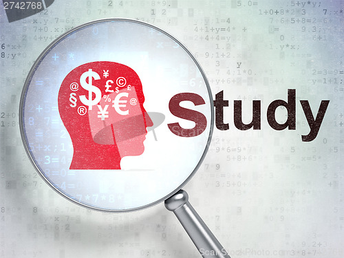 Image of Education concept: Head With Finance Symbol and Study with optic