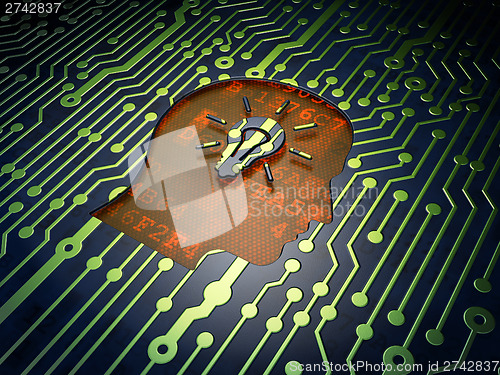 Image of Information concept: Head With Light Bulb on circuit board backg