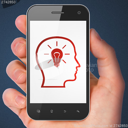 Image of Data concept: Head With Lightbulb on smartphone