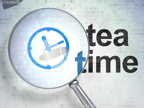 Image of Timeline concept: Clock and Tea Time with optical glass