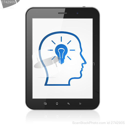 Image of Data concept: Head With Lightbulb on tablet pc computer