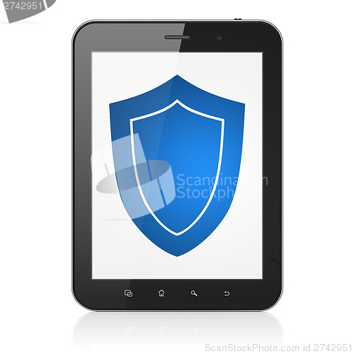 Image of Privacy concept: Shield on tablet pc computer
