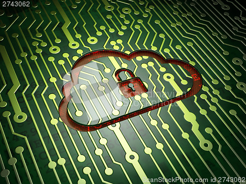 Image of Cloud computing concept: Cloud With Padlock on circuit board bac