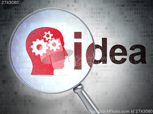 Image of Advertising concept: Head With Gears and Idea with optical glass