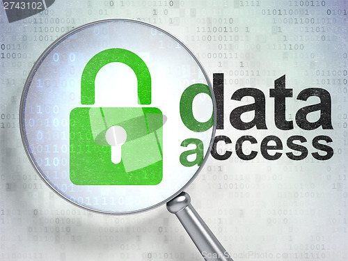 Image of Data concept: Closed Padlock and Data Access with optical glass
