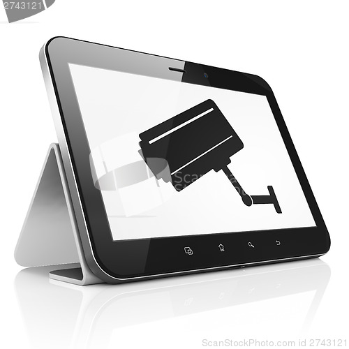 Image of Security concept: Cctv Camera on tablet pc computer