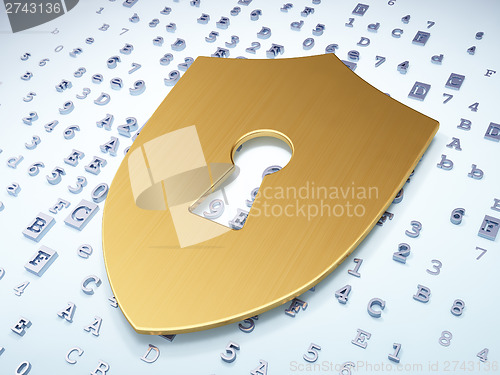 Image of Safety concept: Golden Shield With Keyhole on digital background