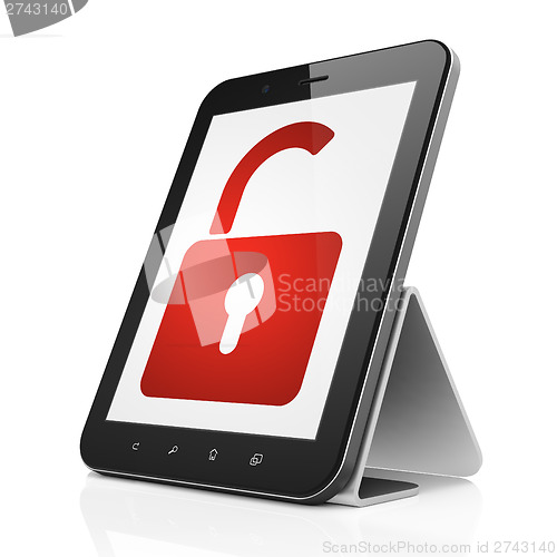 Image of Protection concept: Opened Padlock on tablet pc computer