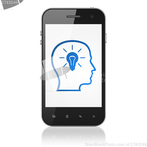 Image of Data concept: Head With Lightbulb on smartphone