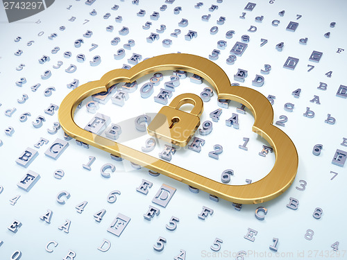 Image of Cloud networking concept: Golden Cloud With Padlock on digital b