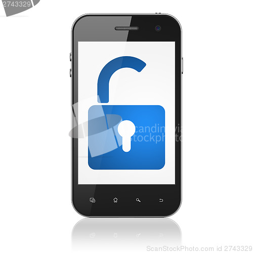 Image of Data concept: Opened Padlock on smartphone