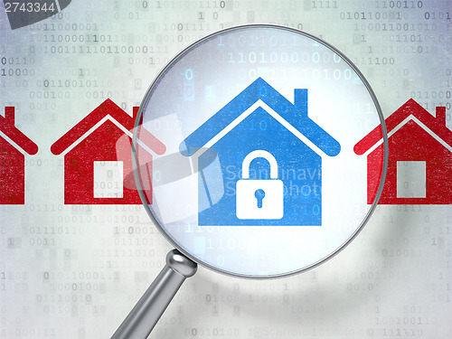 Image of Security concept: Home with optical glass on digital background