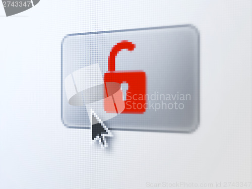 Image of Safety concept: Opened Padlock on digital button background