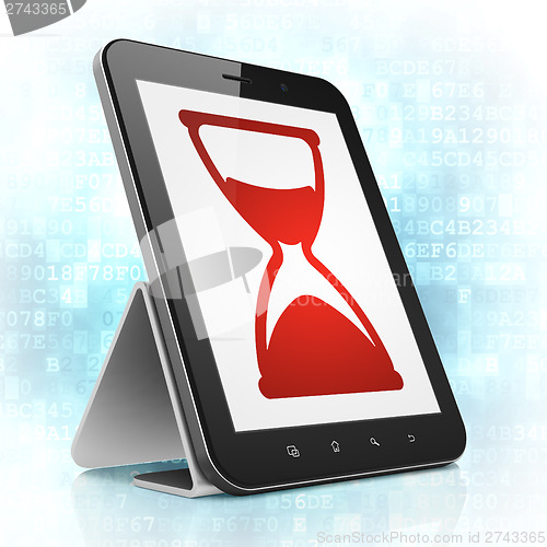 Image of Timeline concept: Hourglass on tablet pc computer