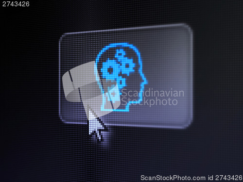 Image of Advertising concept: Head With Gears on digital button backgroun