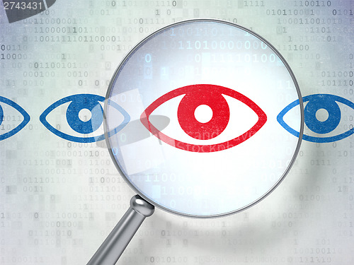 Image of Protection concept: Eye with optical glass on digital background