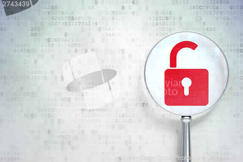 Image of Safety concept:  Opened Padlock with optical glass on digital ba