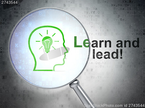 Image of Education concept: Head With Lightbulb and Learn and Lead! with