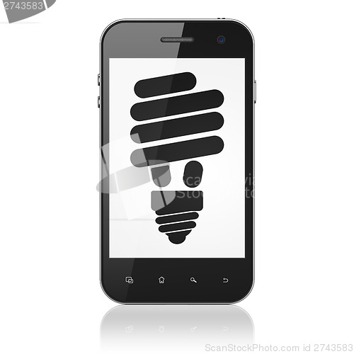 Image of Finance concept: Energy Saving Lamp on smartphone