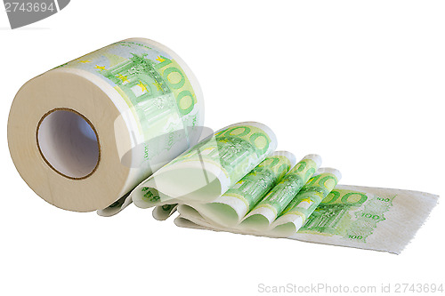 Image of Toilet paper roll with European Union currency banknotes