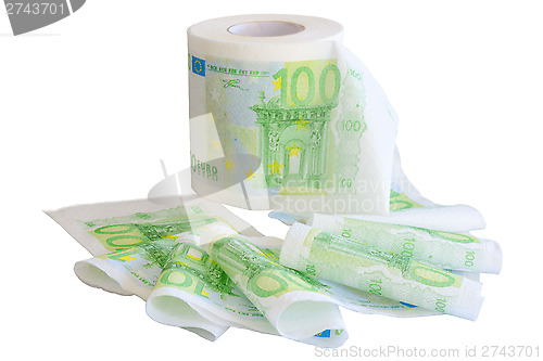 Image of Reeled off toilet paper with 100 Euro banknotes image