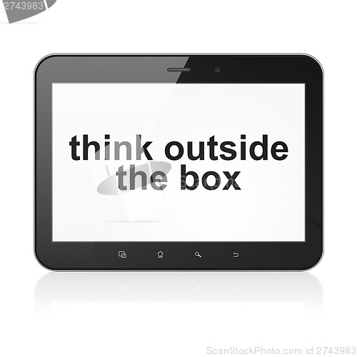 Image of Education concept: Think outside The box on tablet pc computer