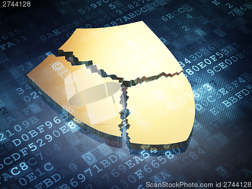 Image of Safety concept: Golden Broken Shield on digital background