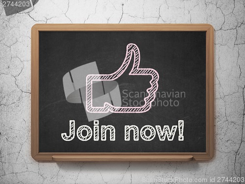 Image of Social network concept: Thumb Up and Join now! on chalkboard background