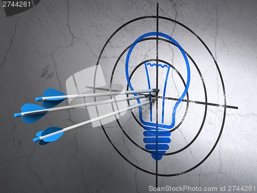 Image of Business concept: arrows in Light Bulb target on wall background