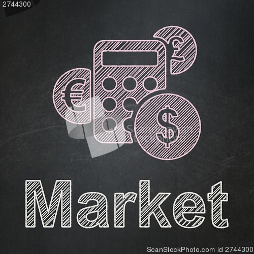 Image of Finance concept: Calculator and Market on chalkboard background