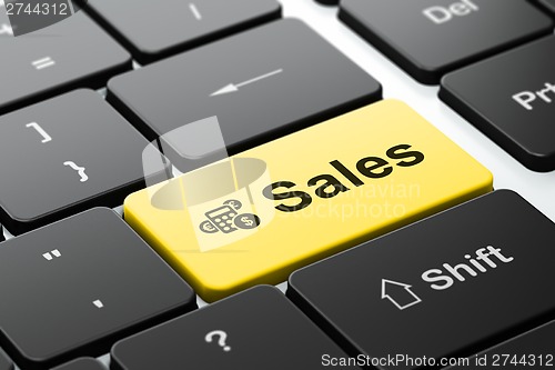 Image of Advertising concept: Calculator and Sales on computer keyboard background