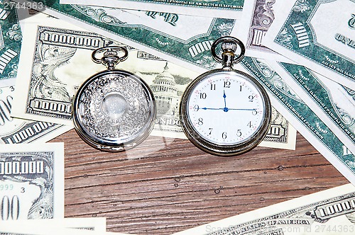 Image of Pocket watches and money.