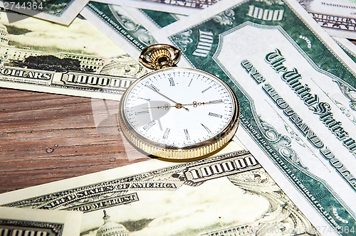 Image of Pocket watches and money.