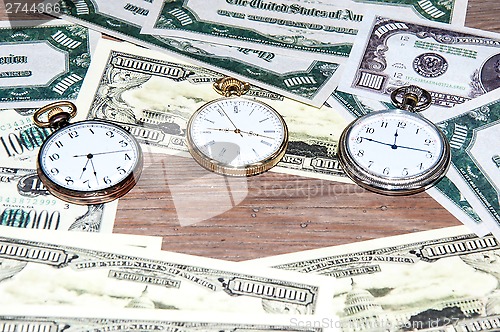 Image of Pocket watches and money.