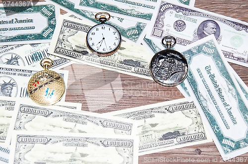 Image of Pocket watches and money.