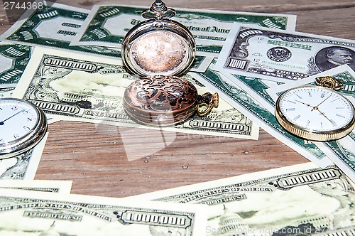 Image of Pocket watches and money.