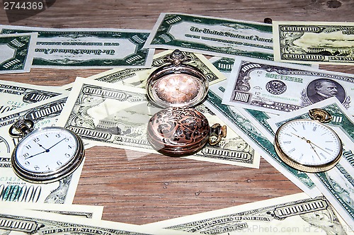 Image of Pocket watches and money.