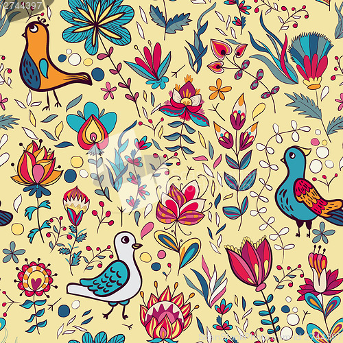Image of Seamless floral pattern with birds and flowers