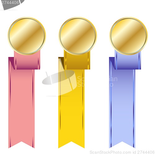 Image of different golden medals with colored ribbons